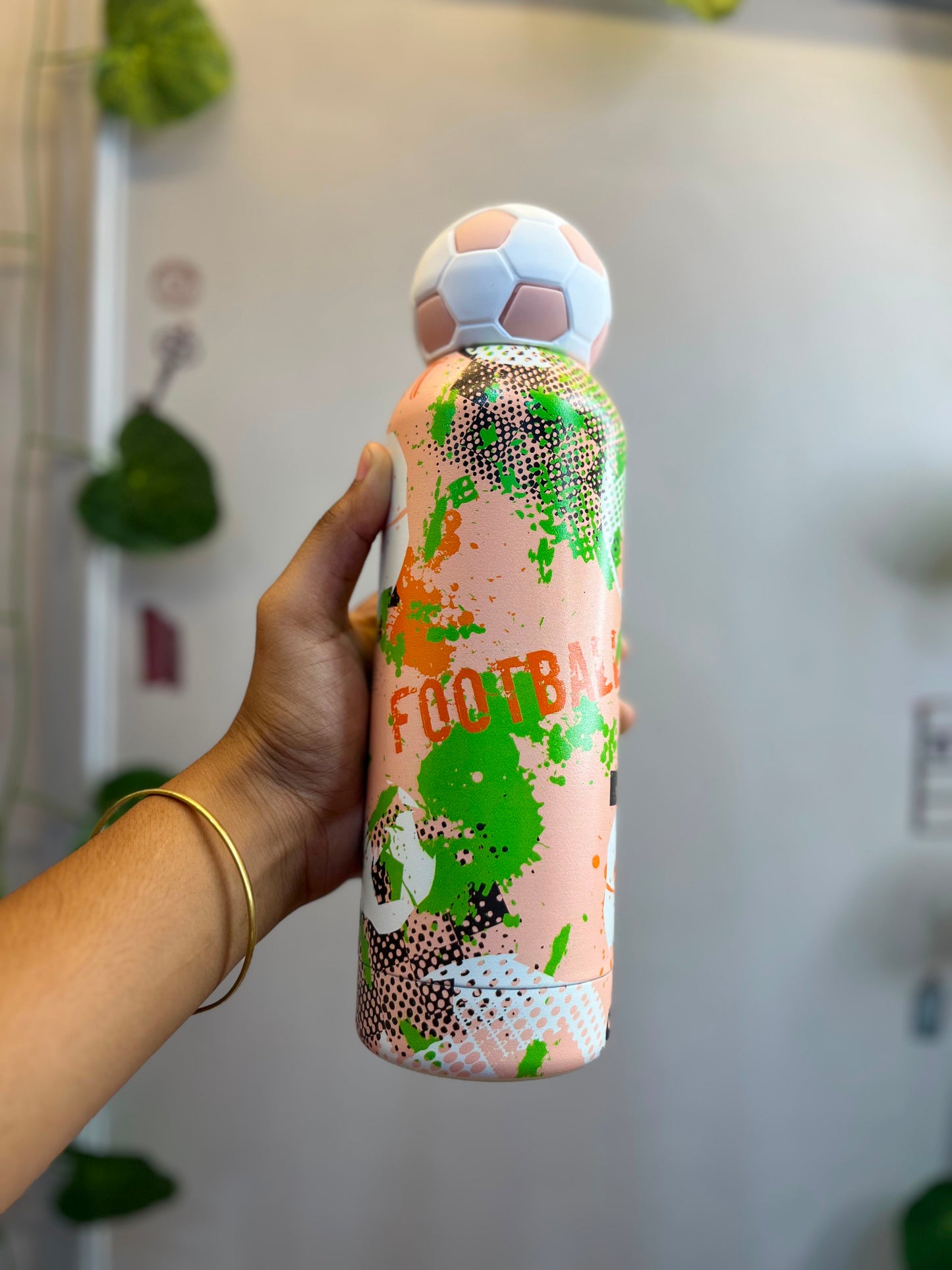 Stainless Steel Sports Water Bottle with Handle | Football Print Leakproof Sipper Bottle for Boys Girls