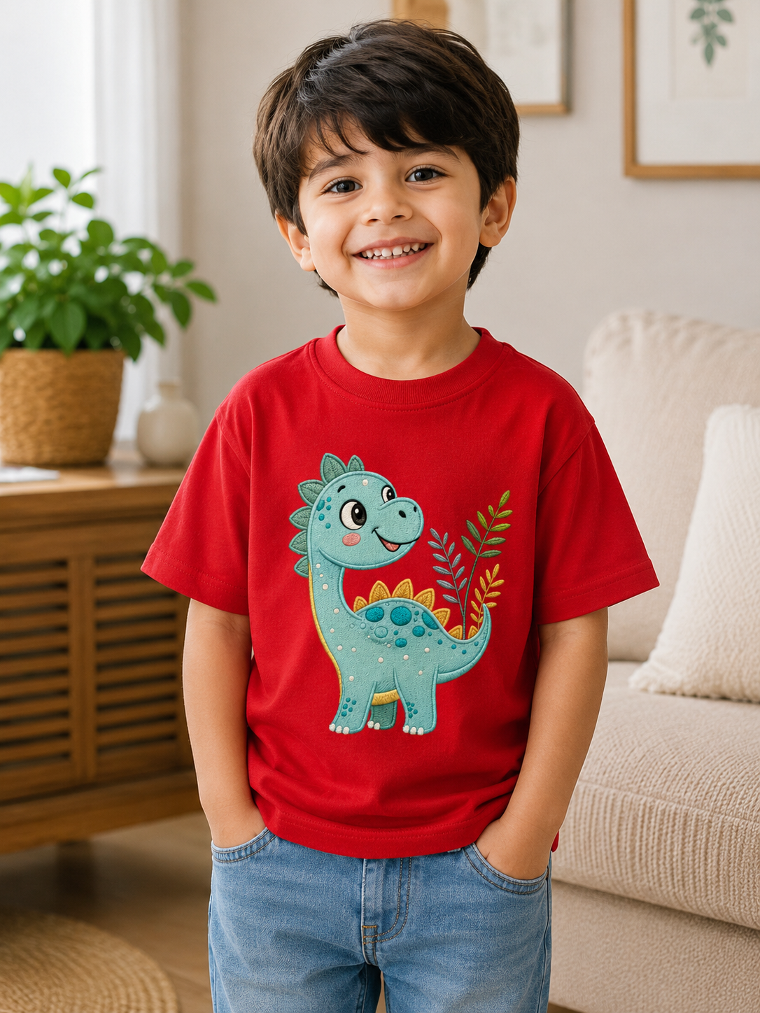 Kids Cute Dinosaur Embroidered T-Shirt | Premium Cotton Half Sleeve