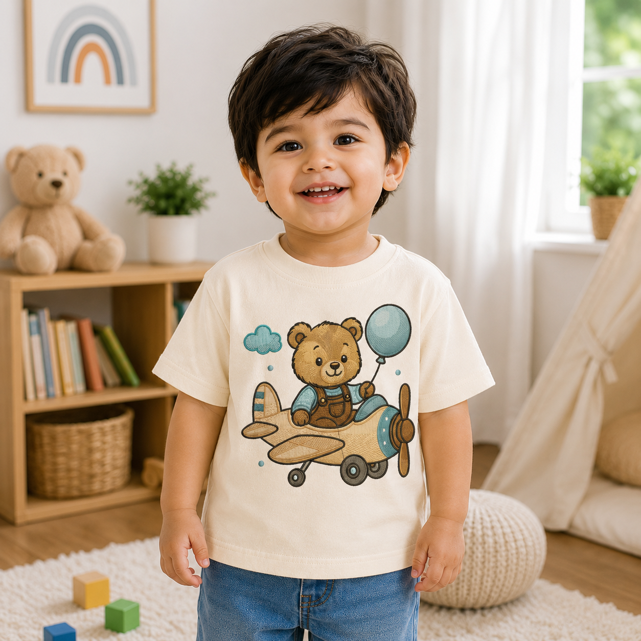 Kids Airplane Teddy Embroidered T-Shirt