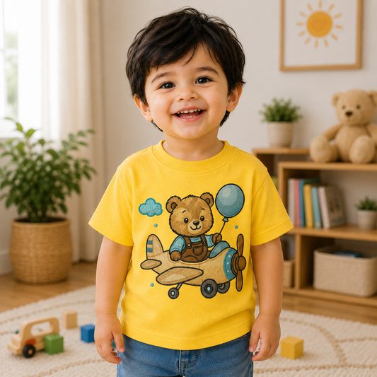 Kids Airplane Teddy Embroidered T-Shirt