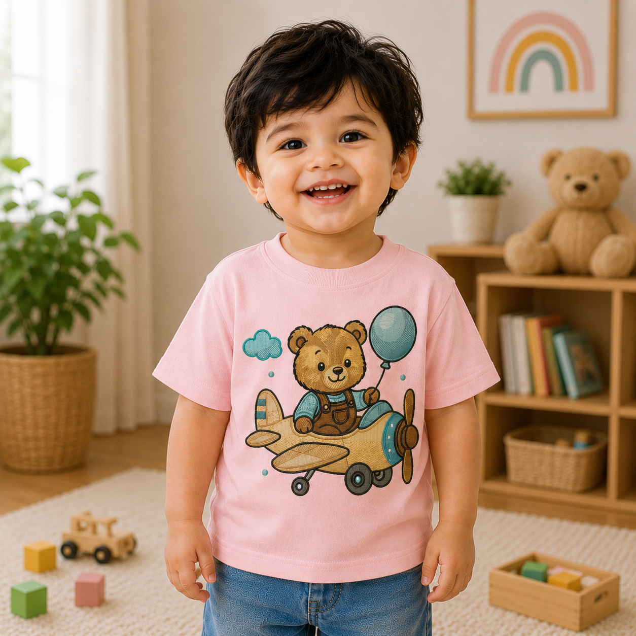 Kids Airplane Teddy Embroidered T-Shirt