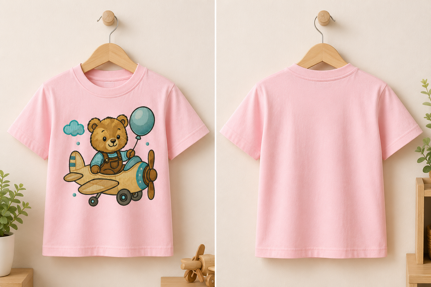 Kids Airplane Teddy Embroidered T-Shirt