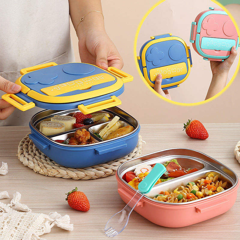 Portable Children Stainless Steel Insulated Tiffin Food Storage 3 Compartment Lunch Box for Hot Food Kids