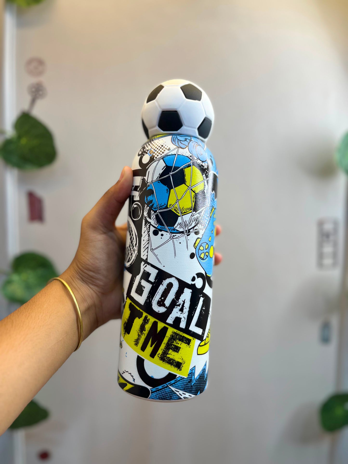 Stainless Steel Sports Water Bottle with Handle | Football Print Leakproof Sipper Bottle for Boys Girls