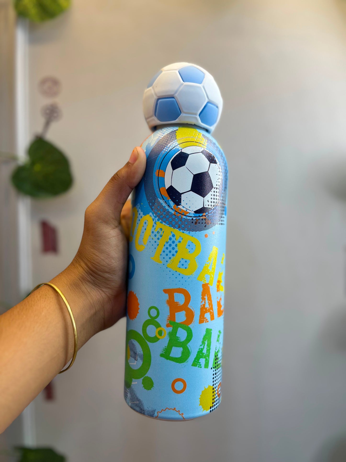 Stainless Steel Sports Water Bottle with Handle | Football Print Leakproof Sipper Bottle for Boys Girls
